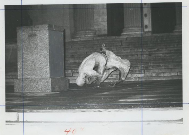 Rodon's The Thinker, 1980 - 1981, statue after being blown off its base on 24 March 1970
